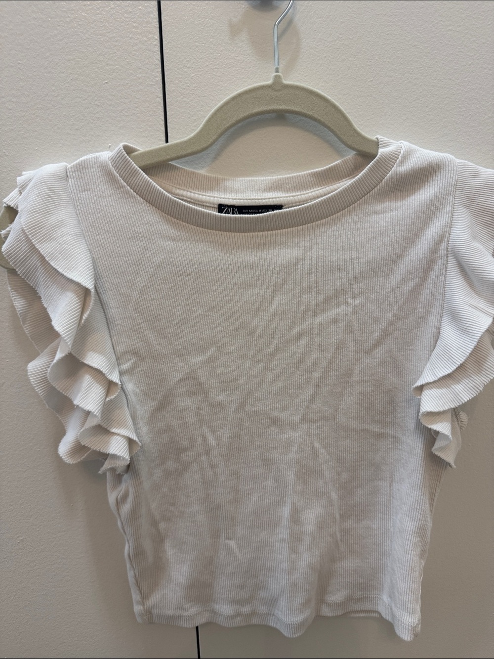 Zara Cream Ruffle Sleeve Ribbed Tee